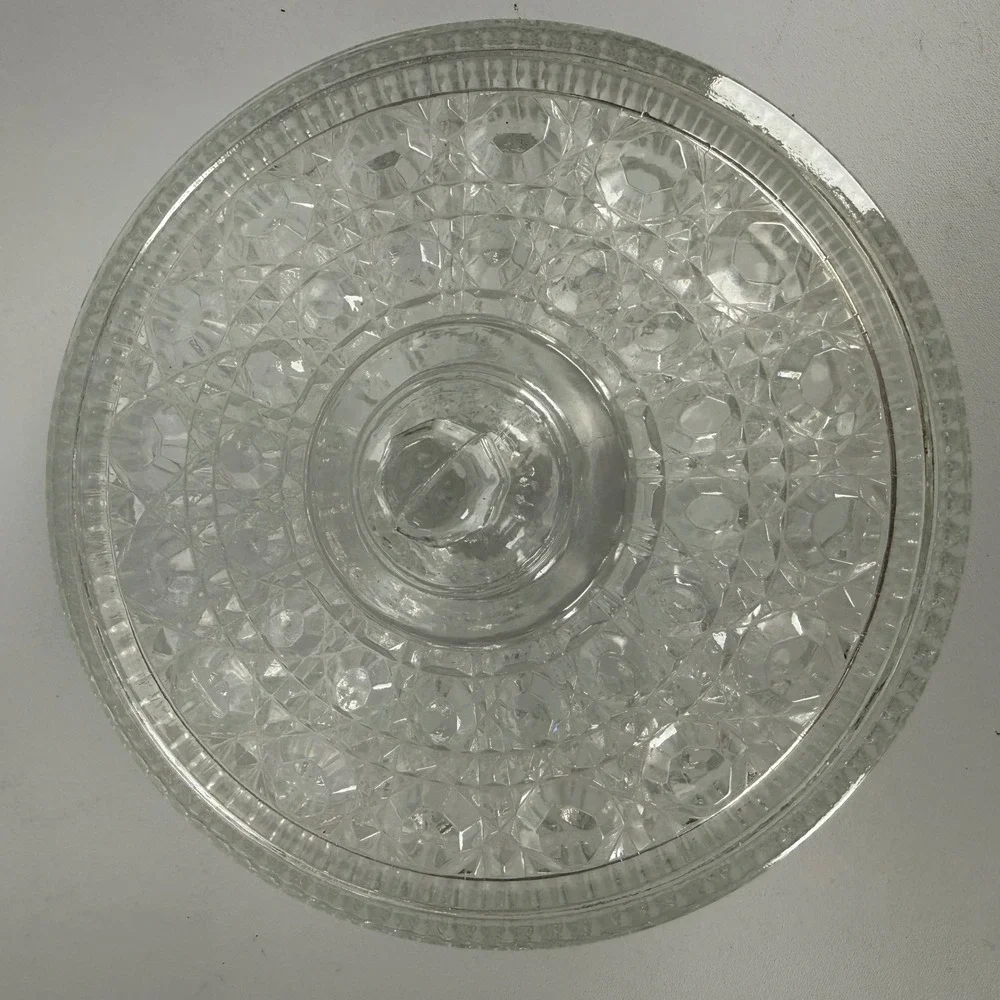 Vintage Clear Pressed Glass Candy Dish with Lid Diamond Point Thumbprint 8 Inch